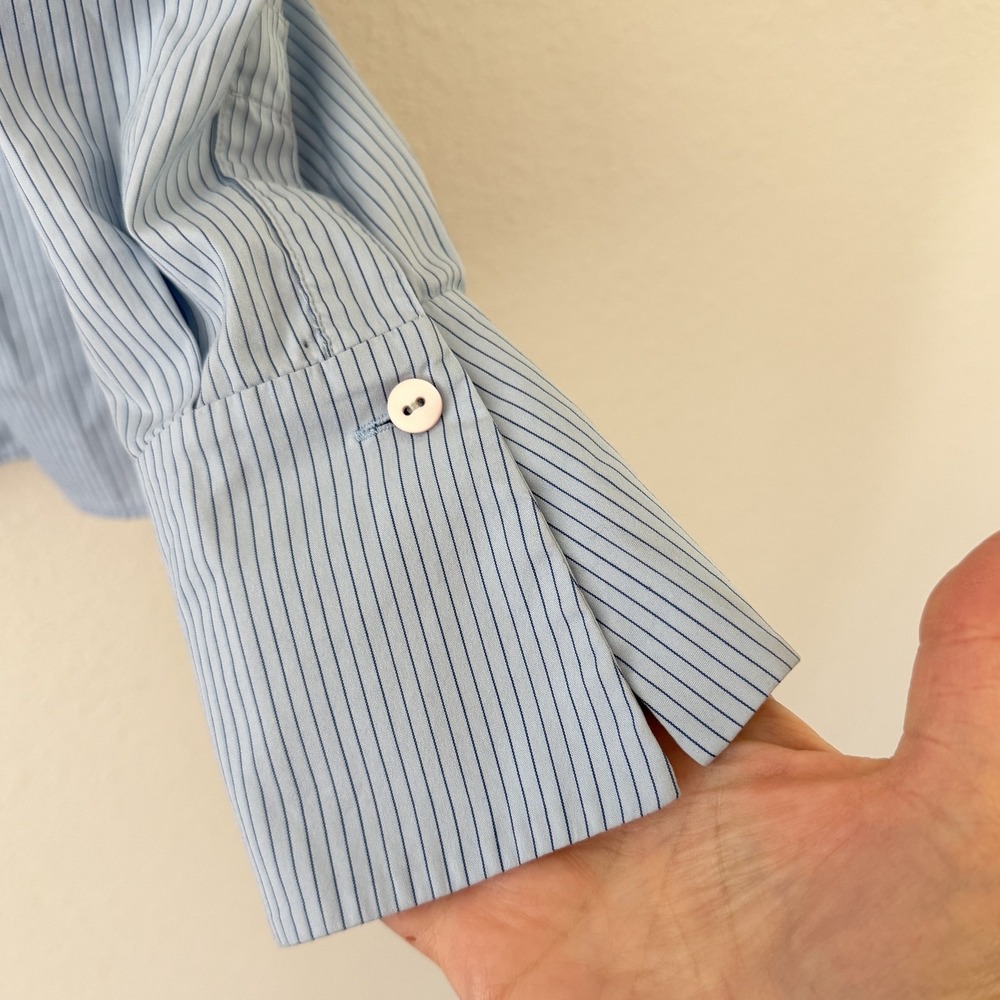 Lafayette 148 New York Striped Button Up Shirt Womens 12 Blue Stretch Office - Picture 6 of 10